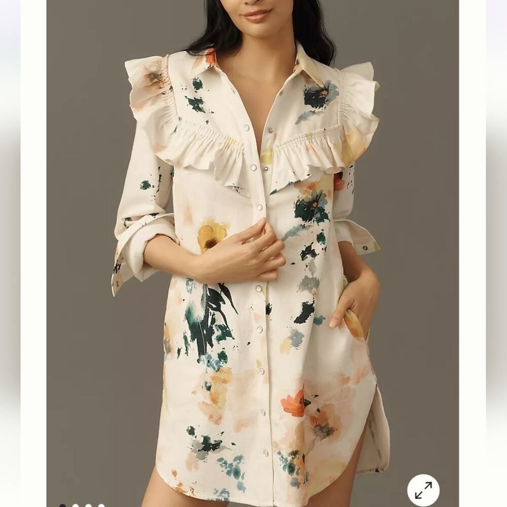 Pilcro Long-Sleeve Ruffled Denim Mini Shirt Dress Sz Med Nwts